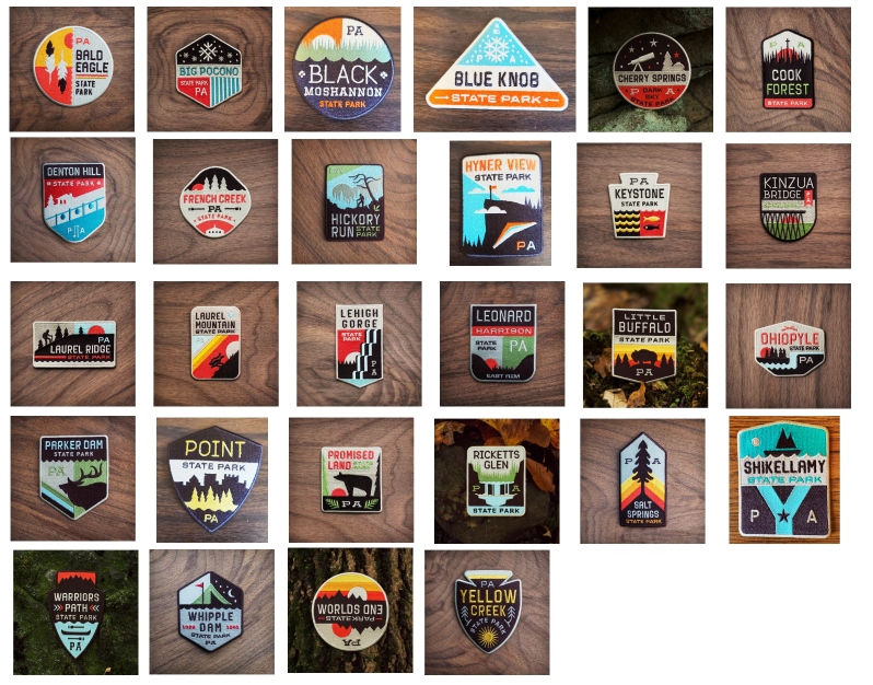 Product Description: In November 2016, Caleb Heisey launched a Kickstarter to fund the PA Patch Coalition with an eye toward creating a colorful and fun patch for each of Pennsylvania's state parks. The project came to fruition with 23state parks getting the Caleb treatment. Alas, in 2022, Caleb decided he needed to focus on other projects and he turned over his remaining inventory and the designs to the Foundation.</br></br>January 2024 saw the addition of four new patches to the original 23. In July 2026, Shikellamy has come on board; October saw the addition of Sinnemahoning.Interested in the full set? A 10% discount is available for your order!</br></br>We are working on creating stickers, decals, and other products using these lovely designs and, perhaps, completing the set. Stay tuned for more. In the meantime, grab one of the originals. Is YOUR favorite state park already available?</br></br>Added in 2024:</br></br>New for 2026:</br> PAPatchCo Designs